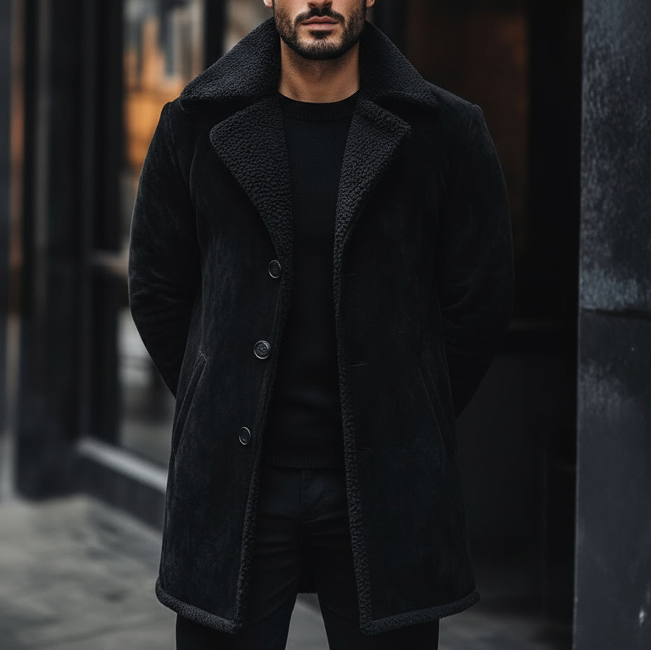 Man wearing a black coat in an urban setting