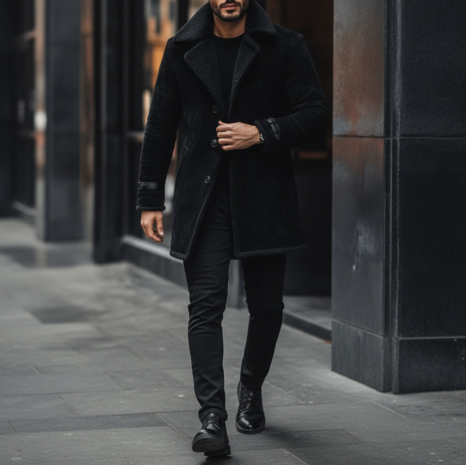 Man wearing a black coat and pants walking on a city street.