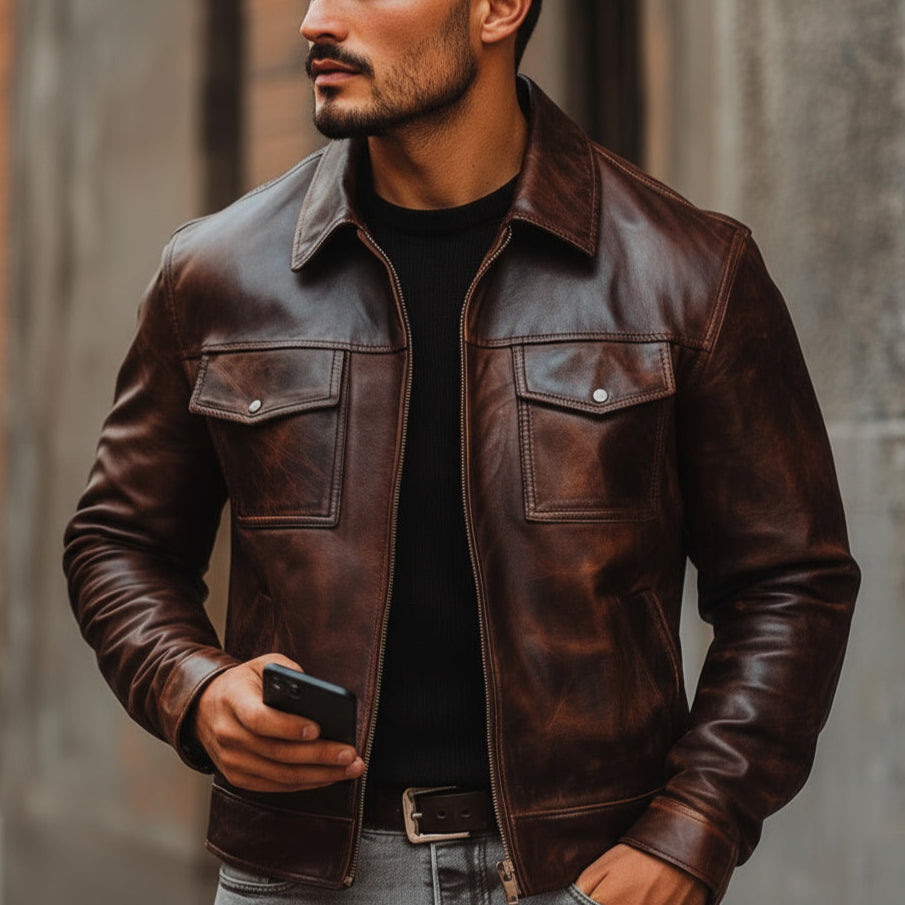 Man wearing a brown leather jacket holding a phone against a blurred background