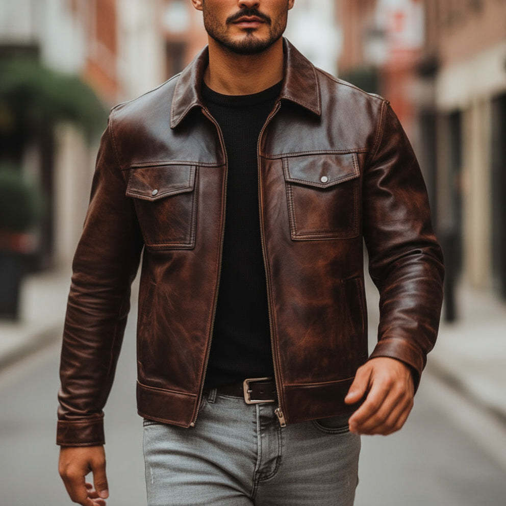 Man wearing a brown leather jacket on a city street