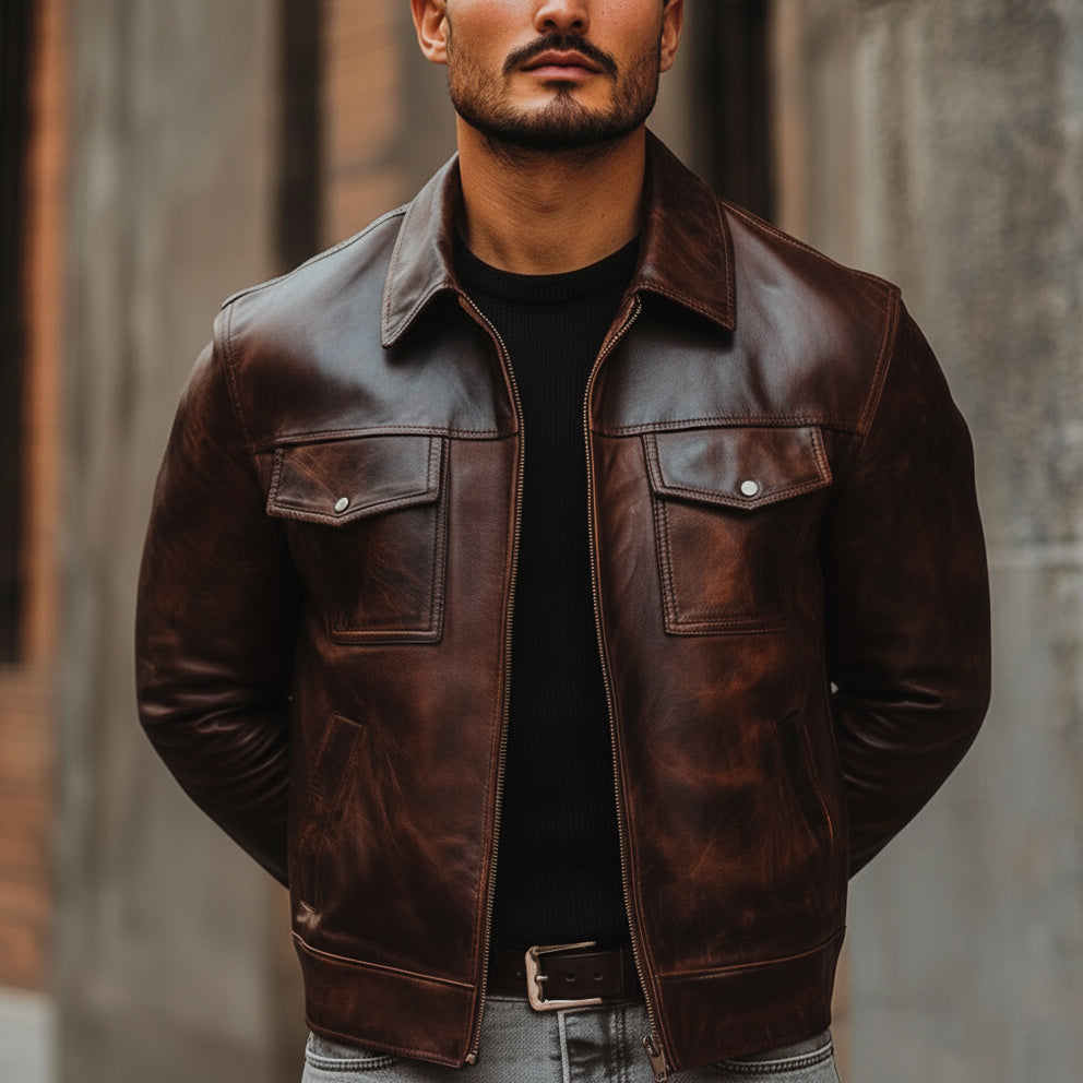 Man wearing a brown leather jacket with a blurred background