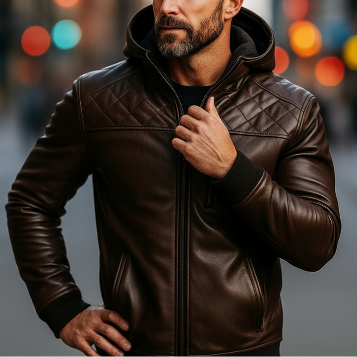 Man wearing a brown leather jacket on a city street with blurred lights in the background