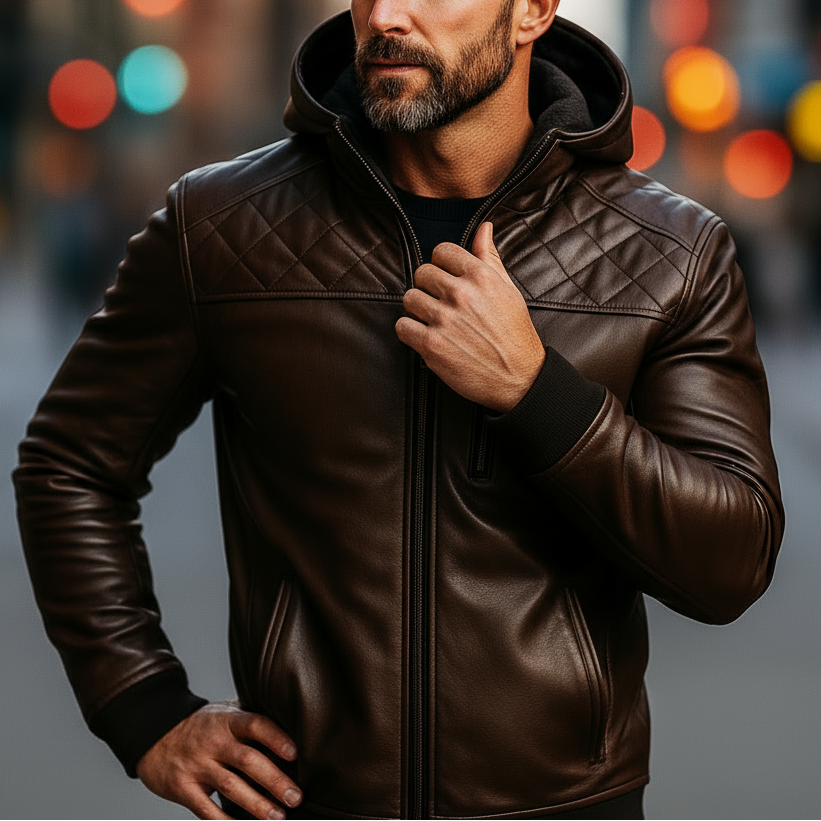 Man wearing a brown leather jacket on a city street with blurred lights in the background
