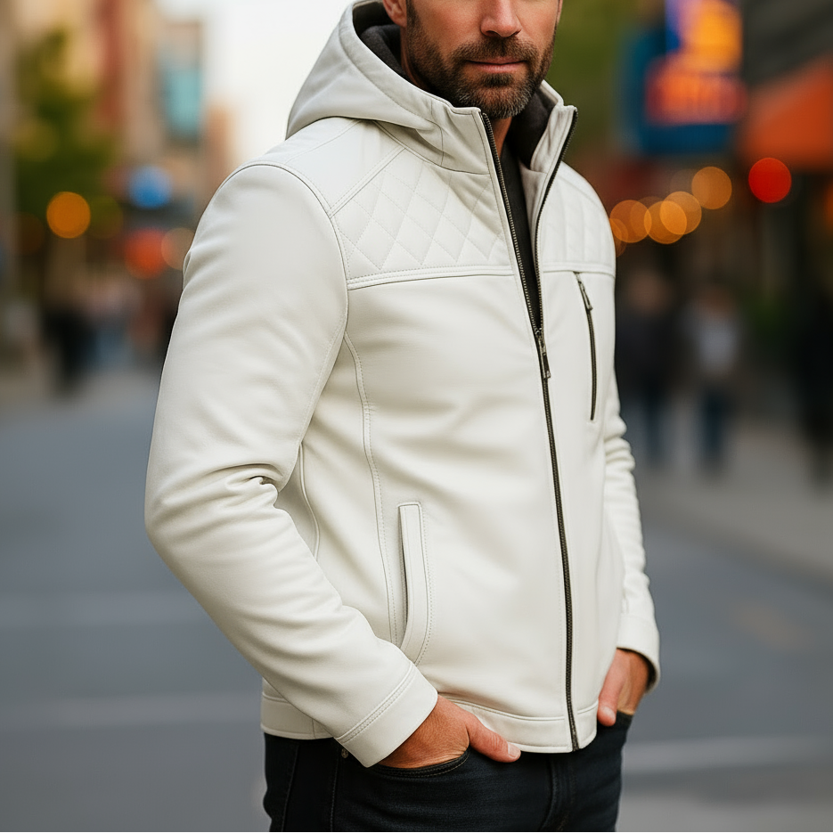 Man wearing a white jacket on a city street with blurred background