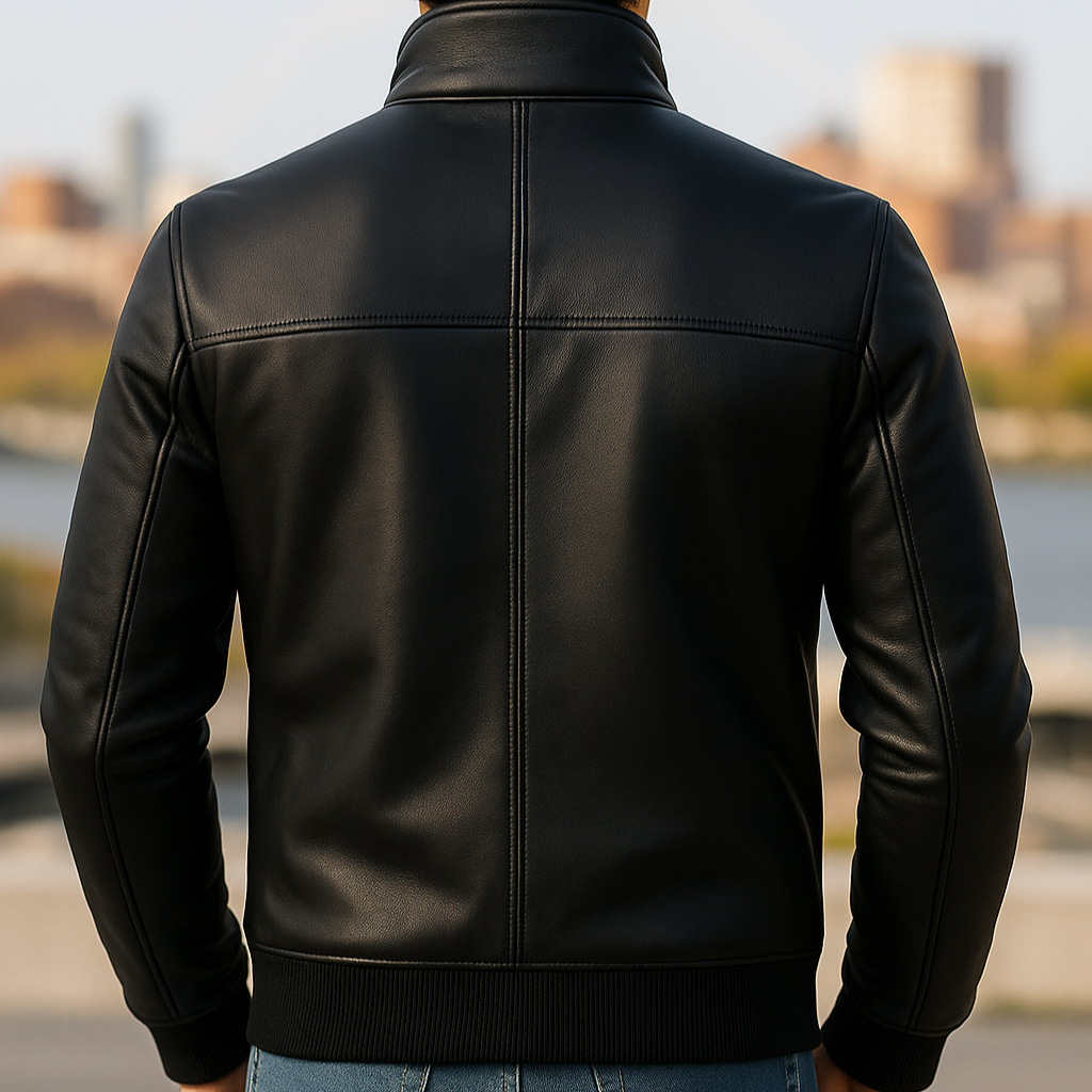 Person wearing a black leather jacket with a blurred cityscape background