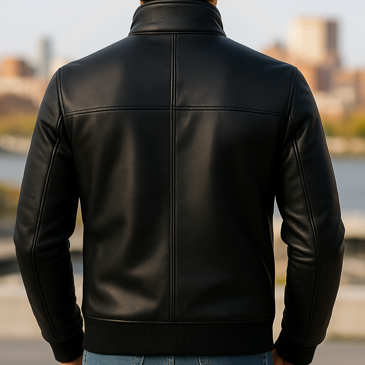 Person wearing a black leather jacket with a blurred cityscape background