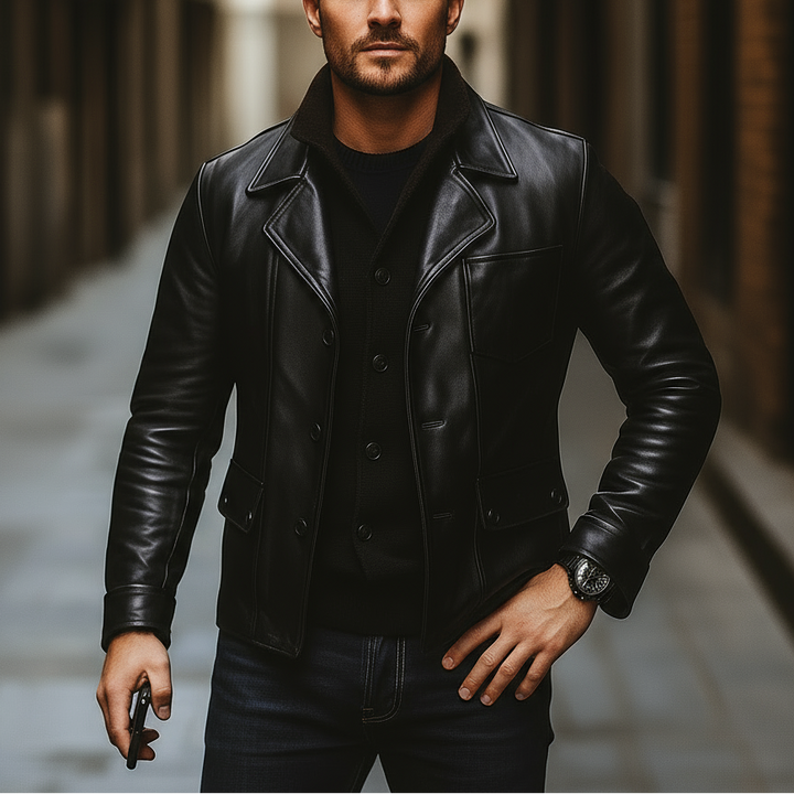 Man wearing a black leather jacket and holding a gun in an alleyway.