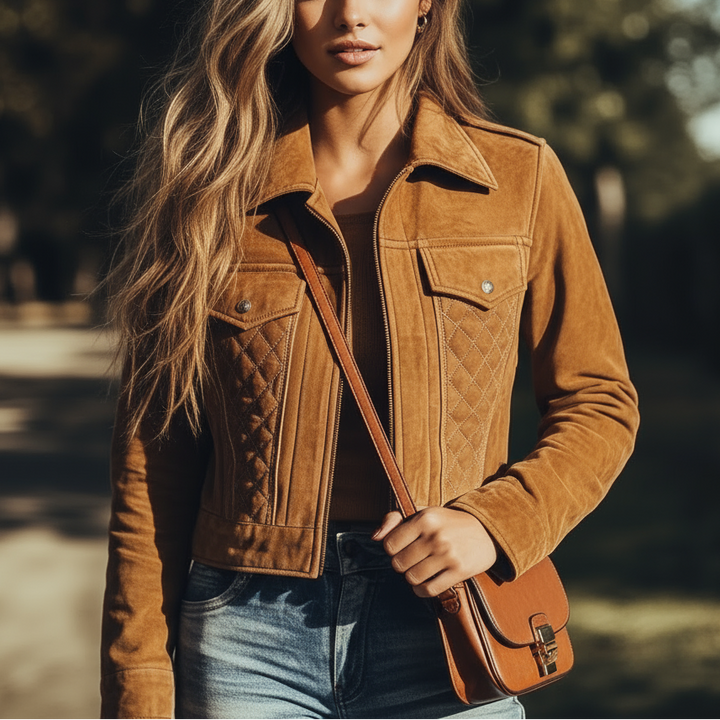Woman wearing a brown suede jacket holding a matching bag outdoors.