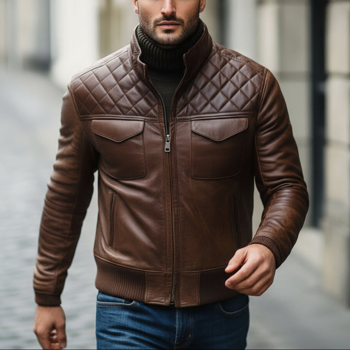 Man wearing a brown leather jacket on a city street