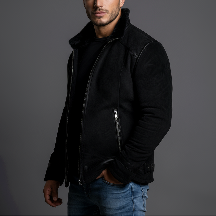 Man wearing a black leather jacket against a gray background
