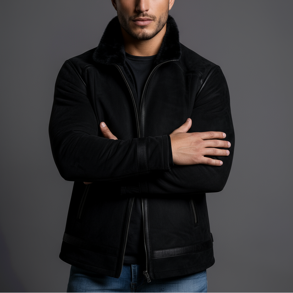 Man wearing a black jacket with arms crossed against a gray background