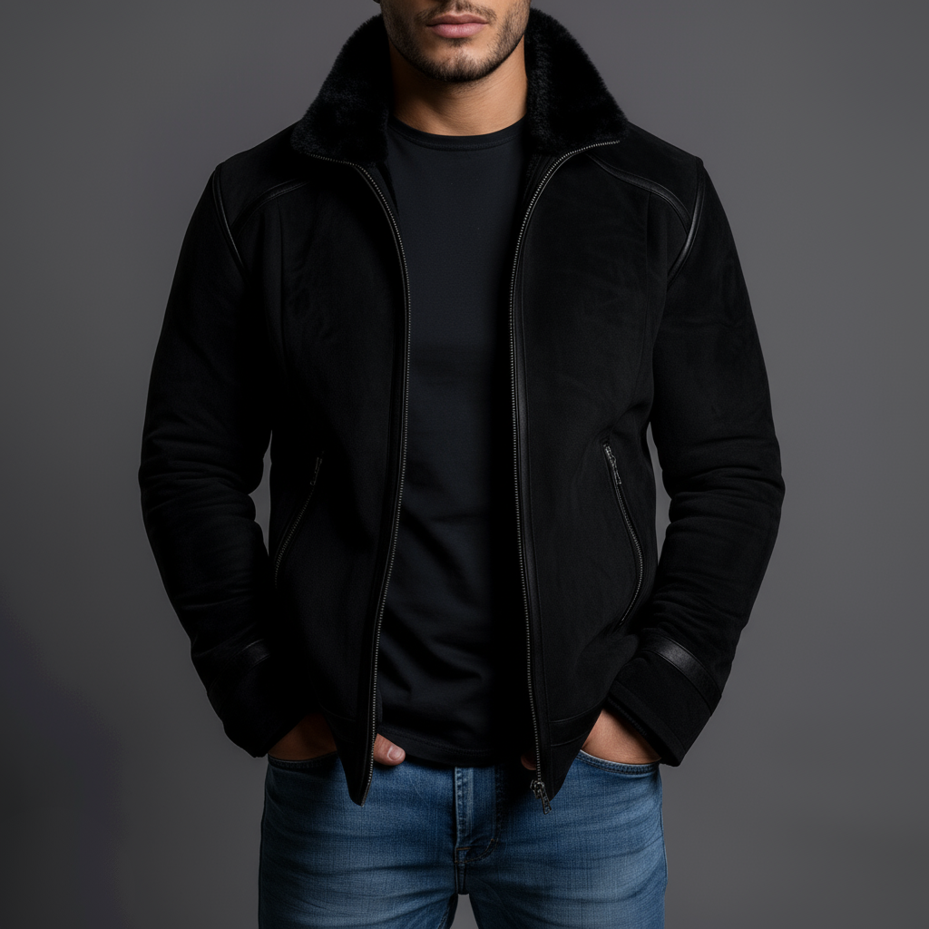 Man wearing a black jacket and blue jeans against a gray background