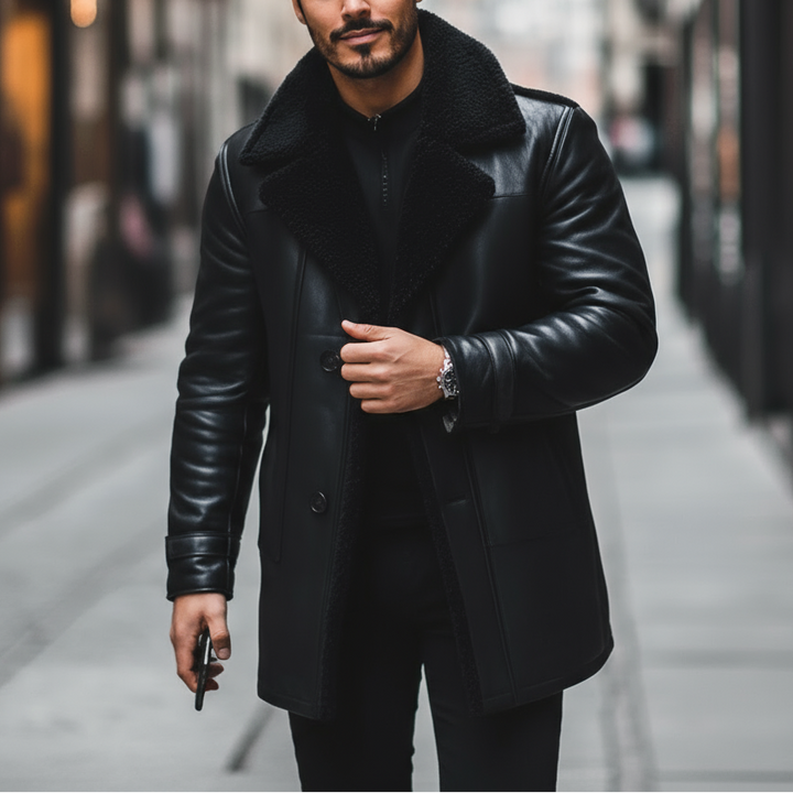 Man wearing a black leather coat on a city street