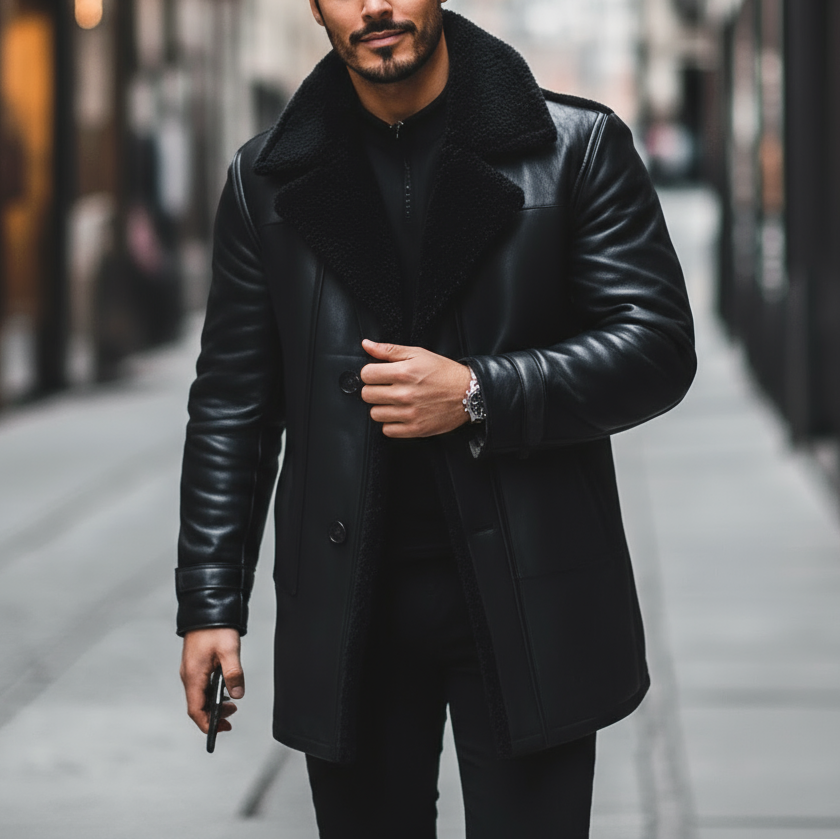 Man wearing a black leather coat on a city street