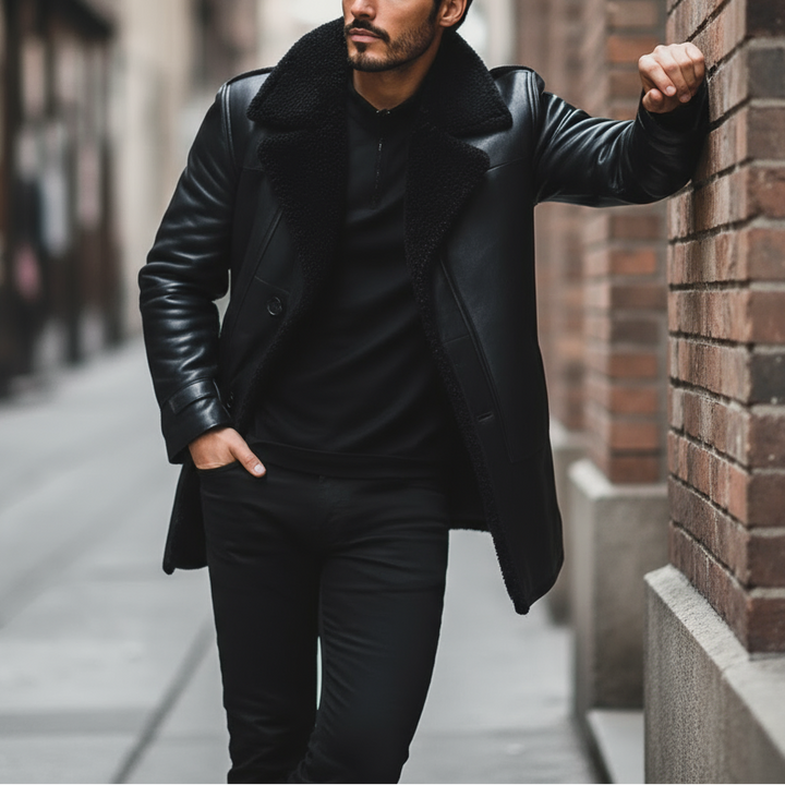 Man in a black coat leaning against a brick wall on a city street.