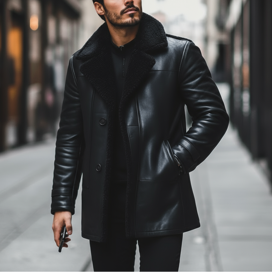 Man wearing a black leather coat on a city street