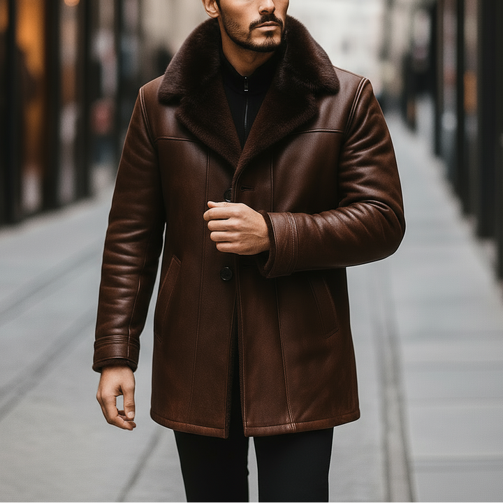 Man wearing a brown leather coat on a blurred street background