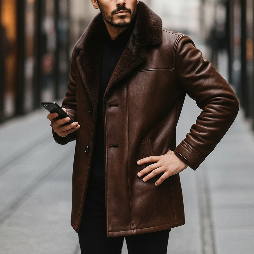 Man wearing a brown leather coat holding a phone on a city street.