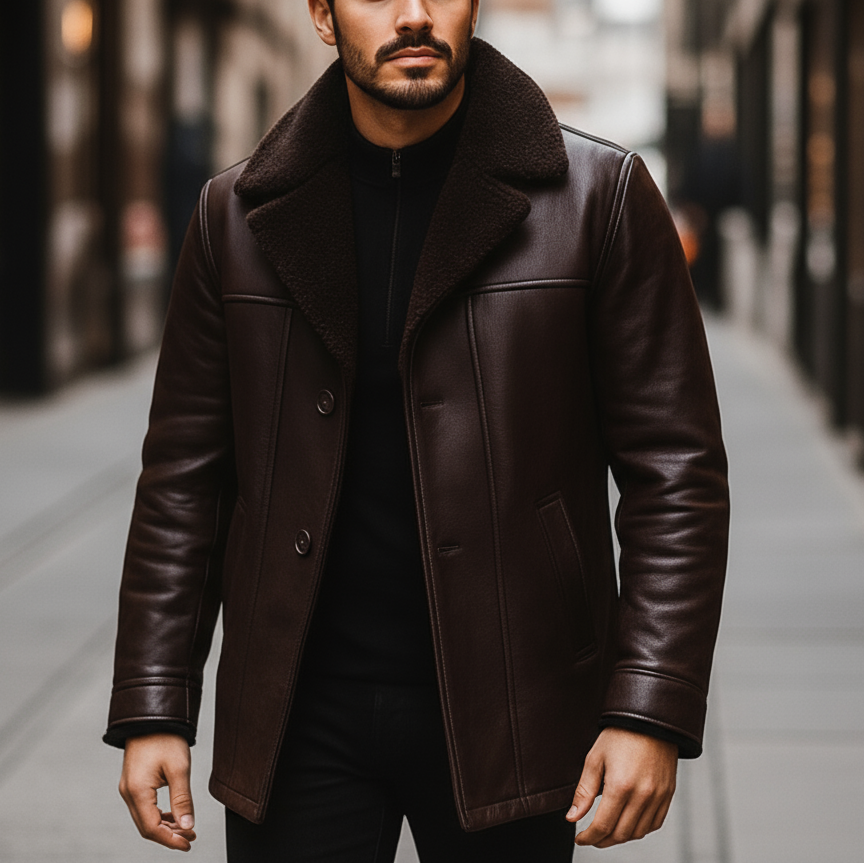Man wearing a brown leather coat walking down a city street.