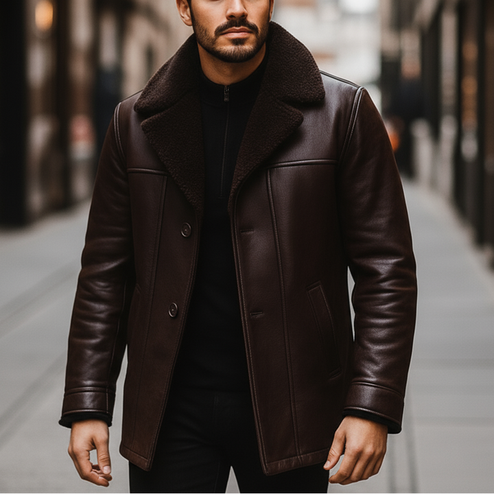 Man wearing a brown leather coat walking down a city street.