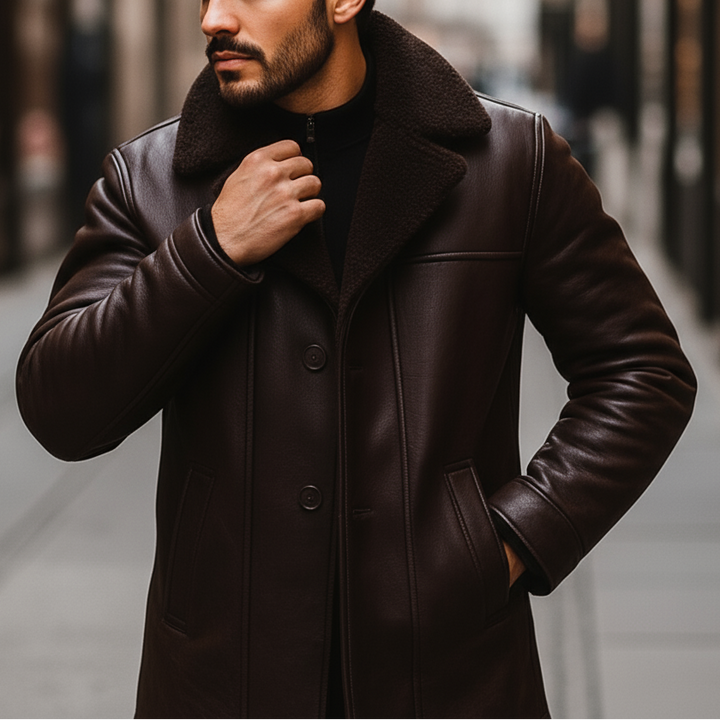 Man wearing a dark brown leather coat in an urban setting