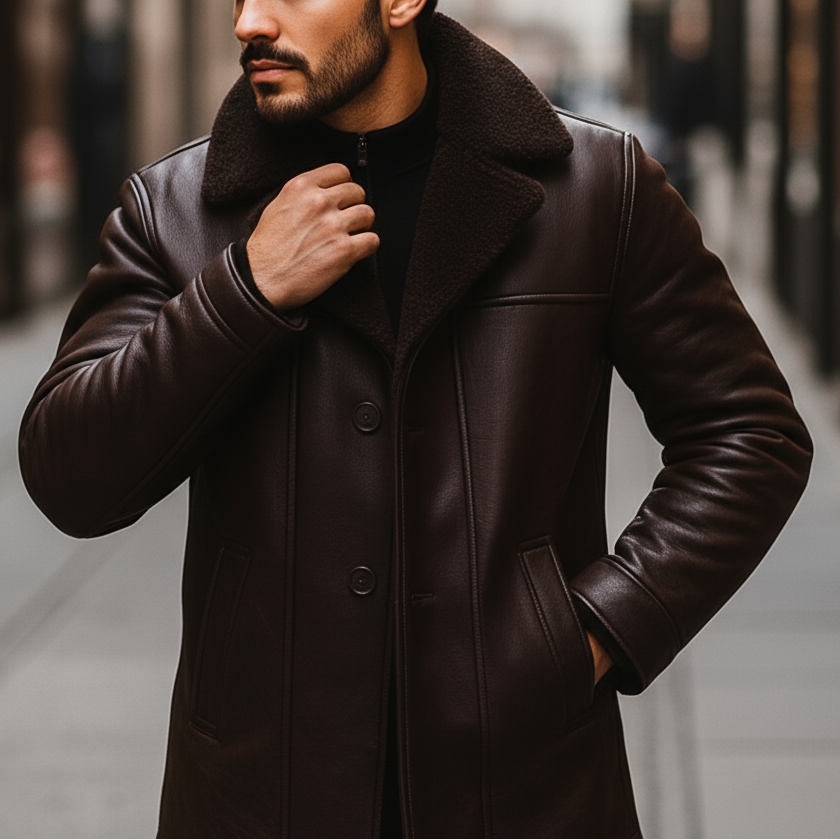 Man wearing a dark brown leather coat in an urban setting