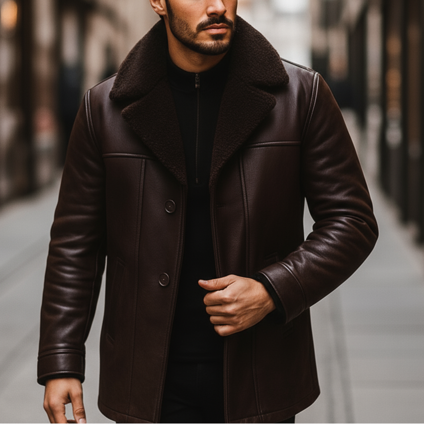 Man wearing a dark brown leather coat in an urban setting