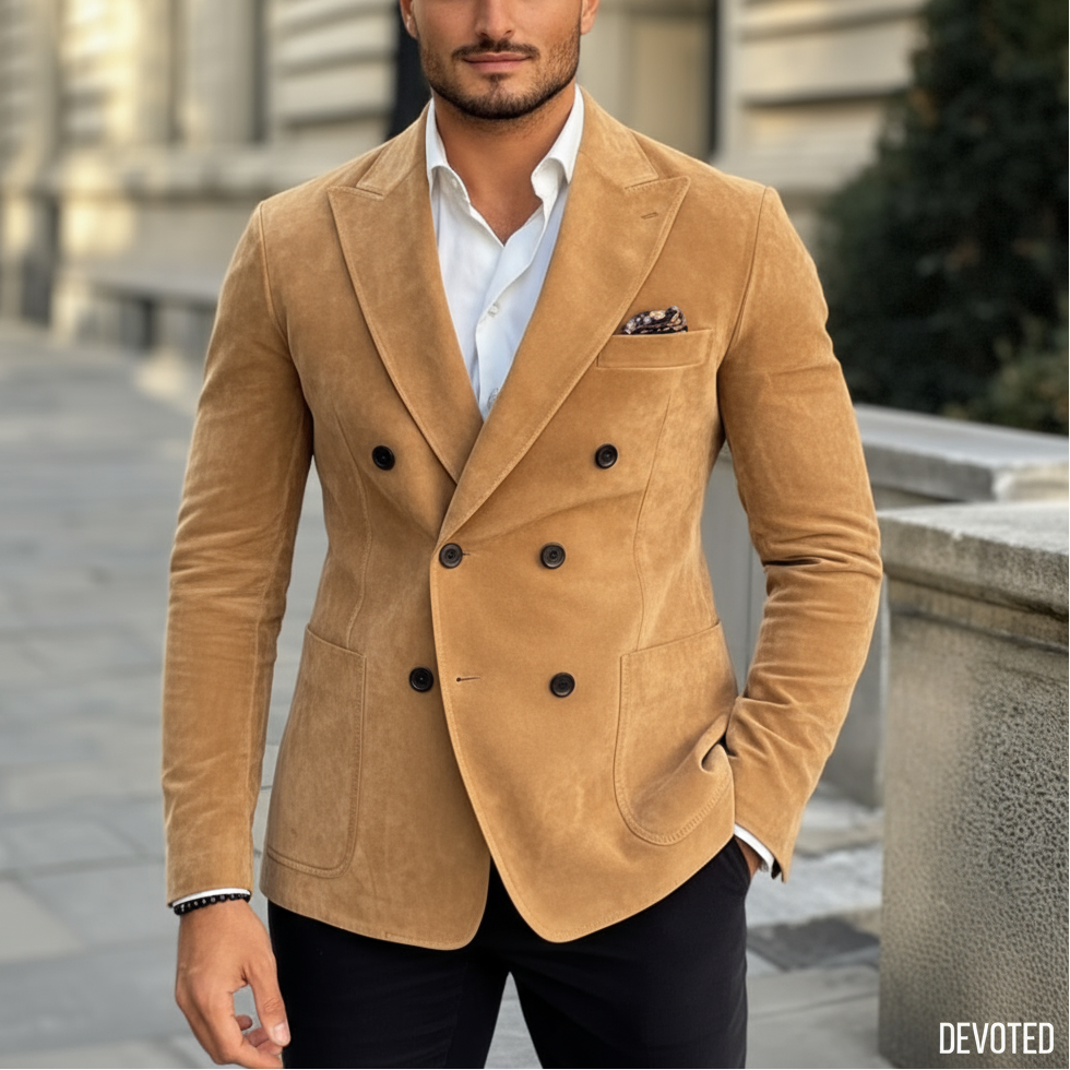 Man wearing a tan double-breasted blazer with a blurred background