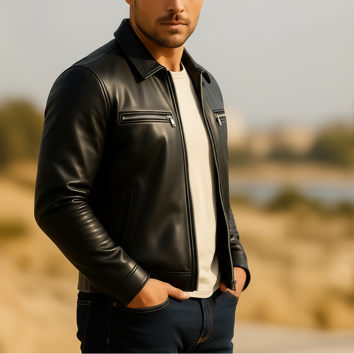 Man wearing a black leather jacket with a blurred natural background