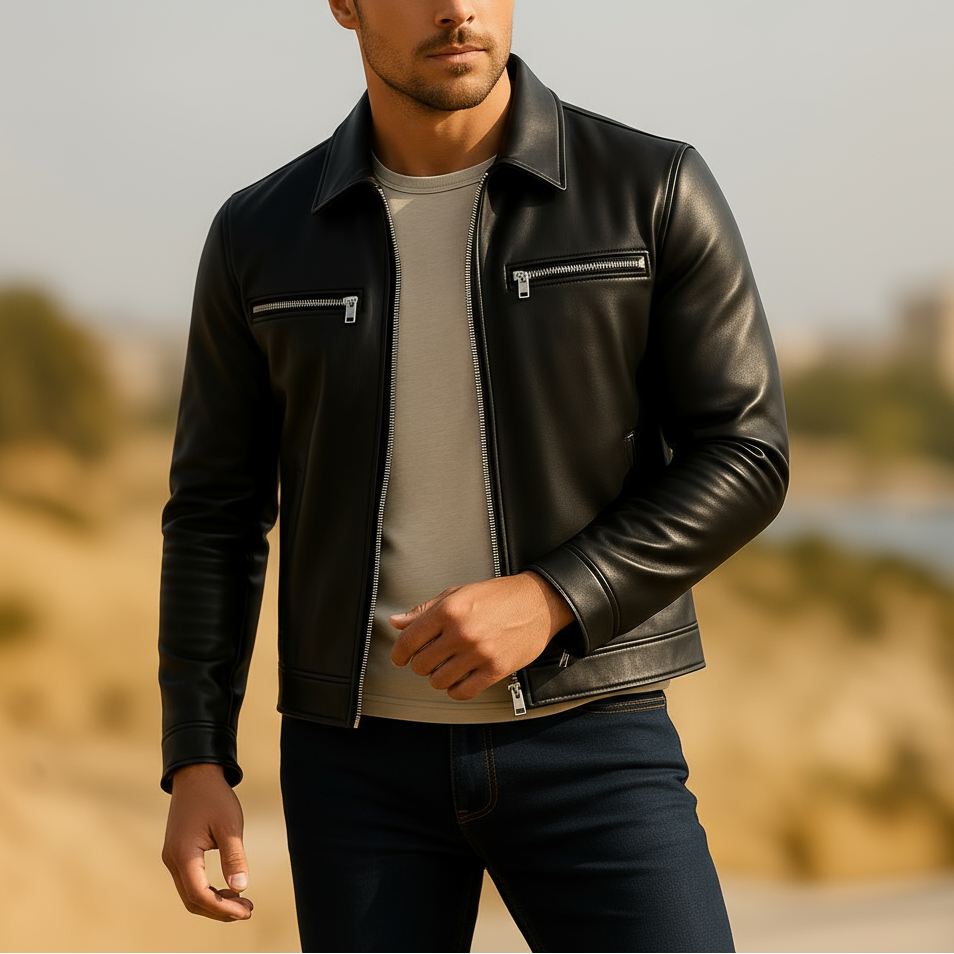 Man wearing a black leather jacket with a blurred natural background