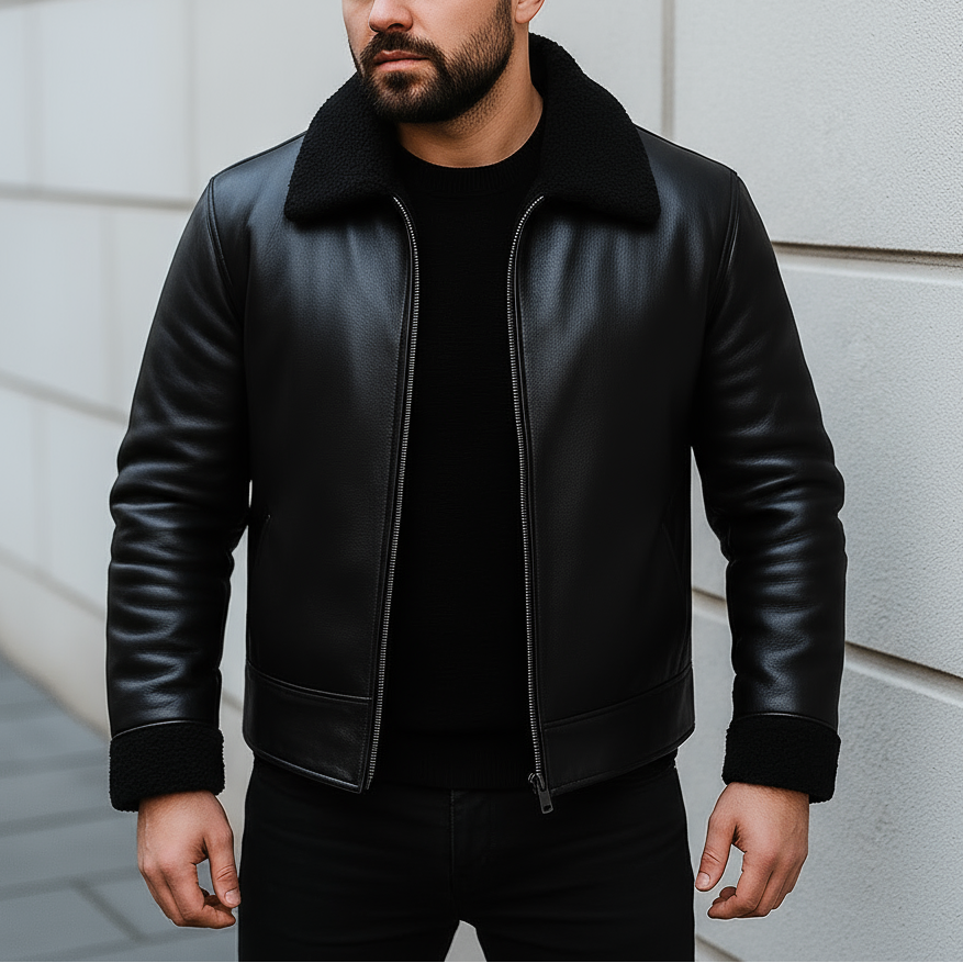 Man wearing a black leather jacket against a light gray wall.