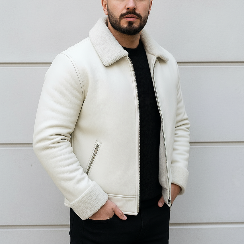 Man wearing a white jacket against a light-colored wall