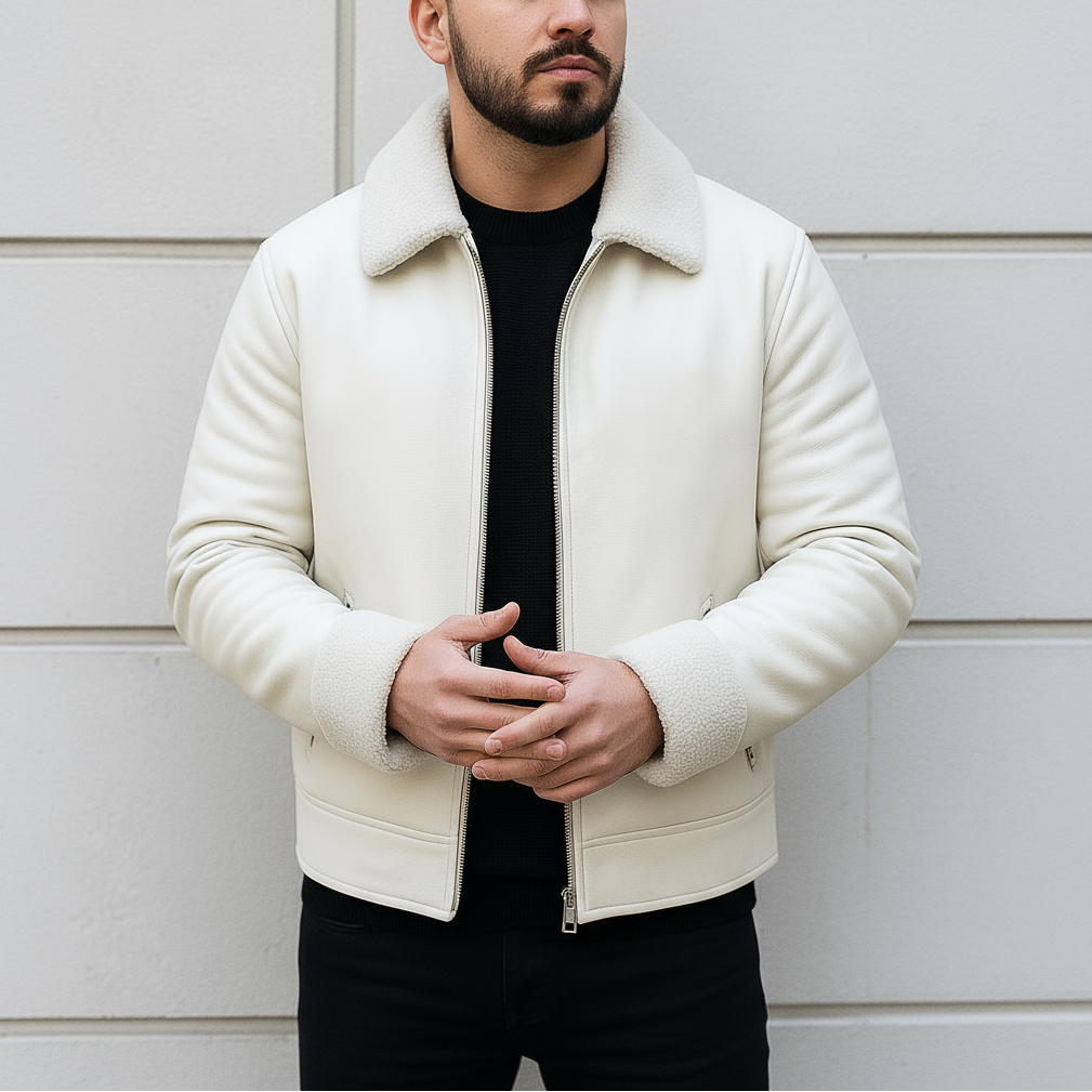 Man wearing a white jacket over a black shirt against a light gray background