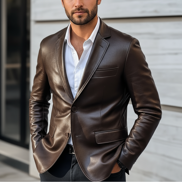 Man wearing a brown leather jacket over a white shirt, standing outdoors.