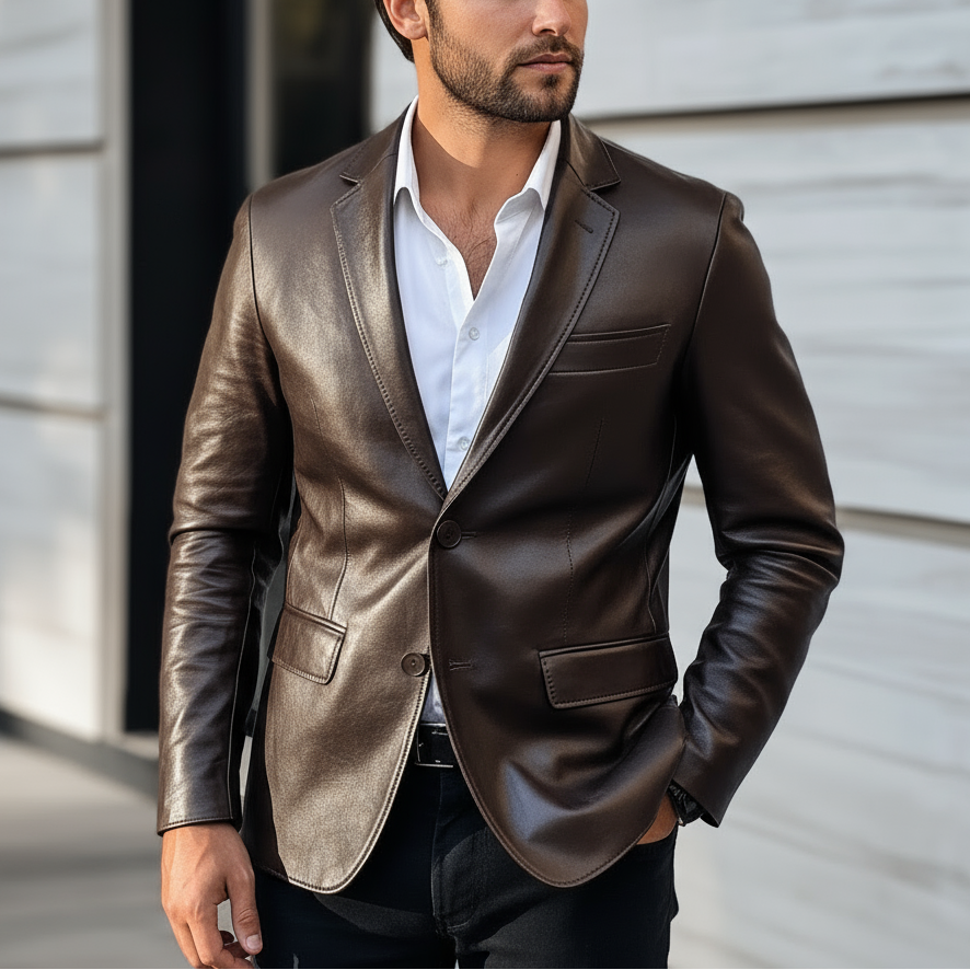 Man wearing a brown leather jacket over a white shirt, standing against a neutral background.