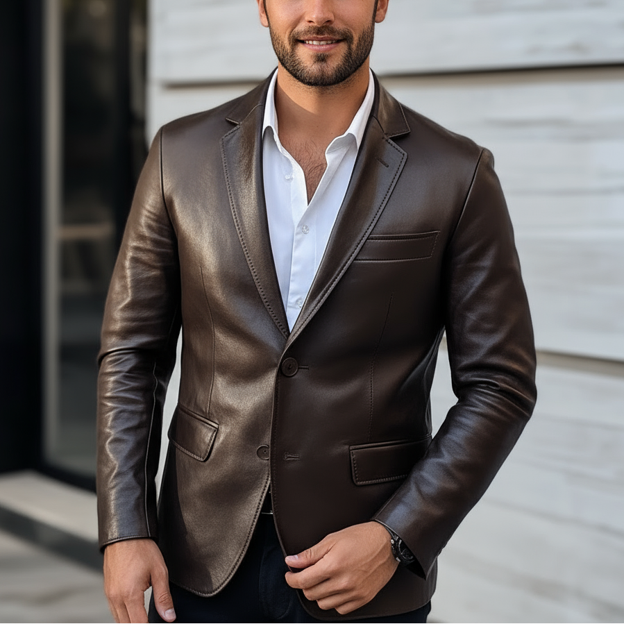 Man wearing a brown leather jacket and white shirt standing outdoors.