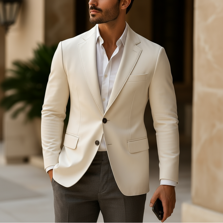 Man wearing a beige blazer over a white shirt in an urban setting