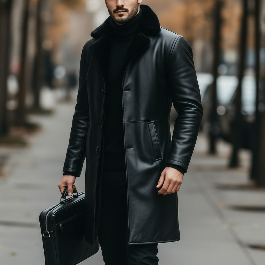 Man in a long black leather coat holding a briefcase on a city street.