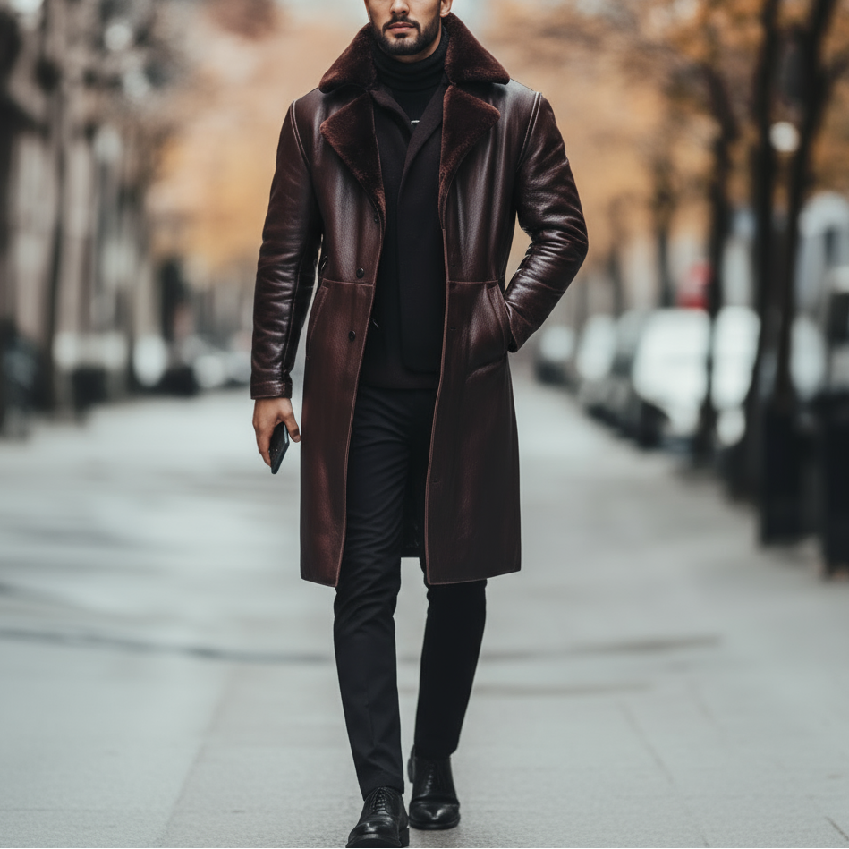 Man wearing a brown leather coat walking on a city street.