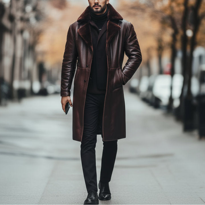 Man wearing a brown leather coat walking on a city street.