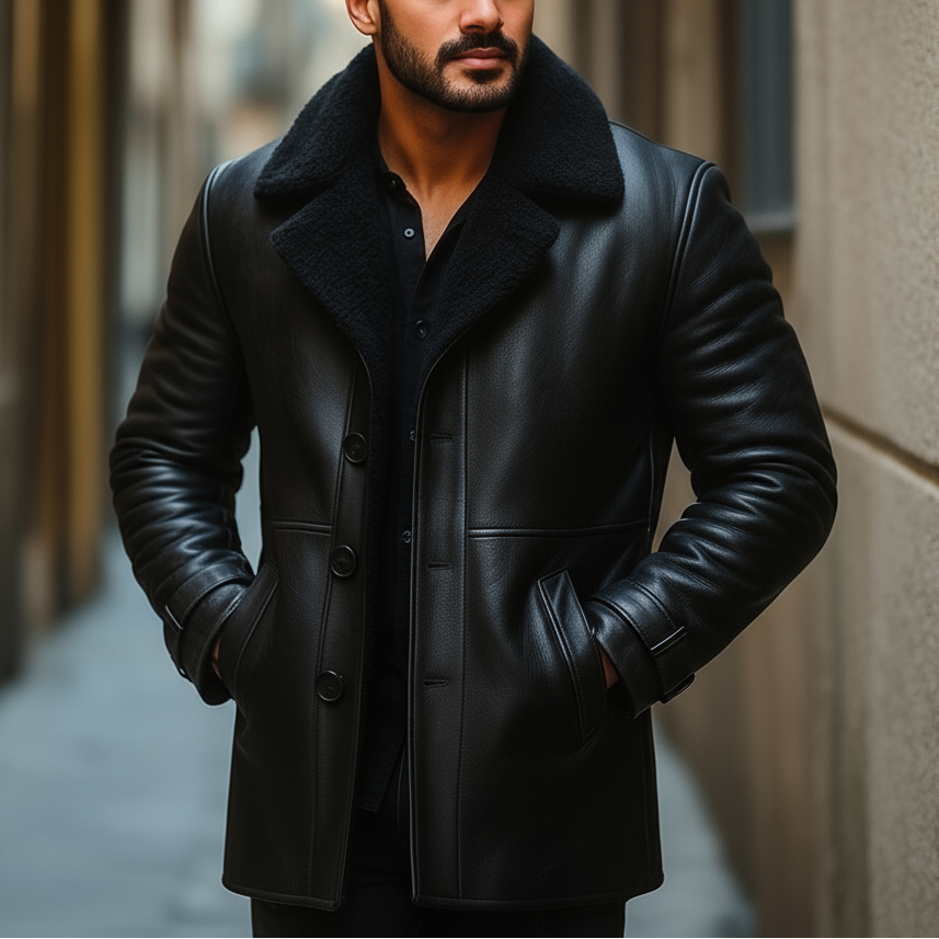 Man wearing a black leather coat standing in an urban alleyway.