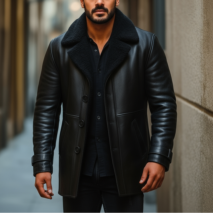 Man wearing a black leather coat walking down a street.