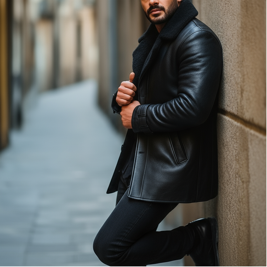 Man in a black leather coat leaning against a wall in an alleyway