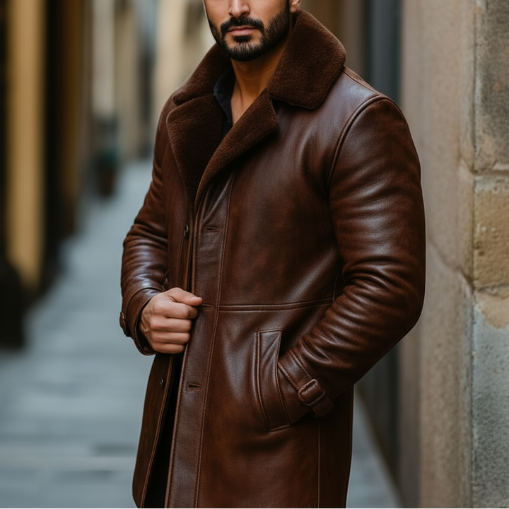 Man wearing a brown leather coat standing in an alleyway.