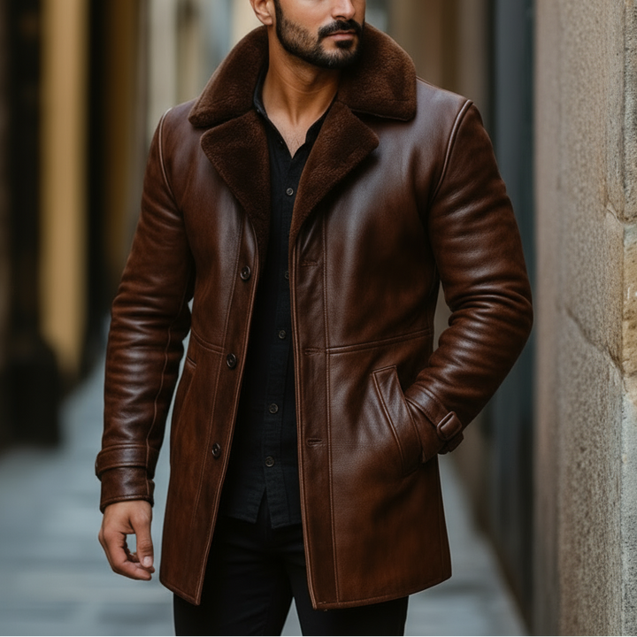 Man wearing a brown leather coat standing in an alleyway.