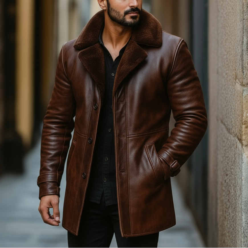 Man wearing a brown leather coat standing in an alleyway.