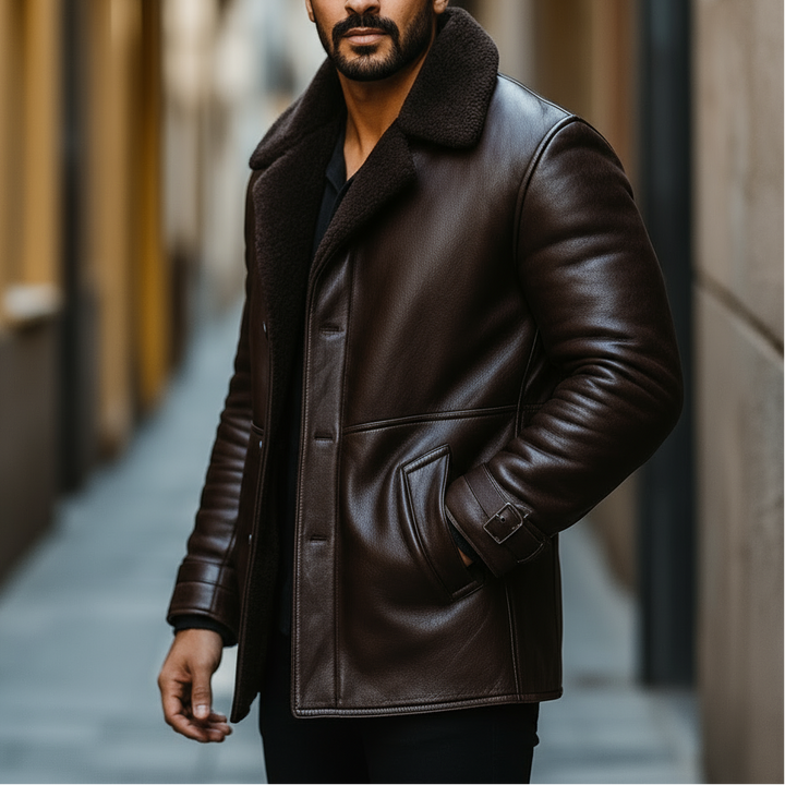 Man wearing a brown leather coat standing on a street.