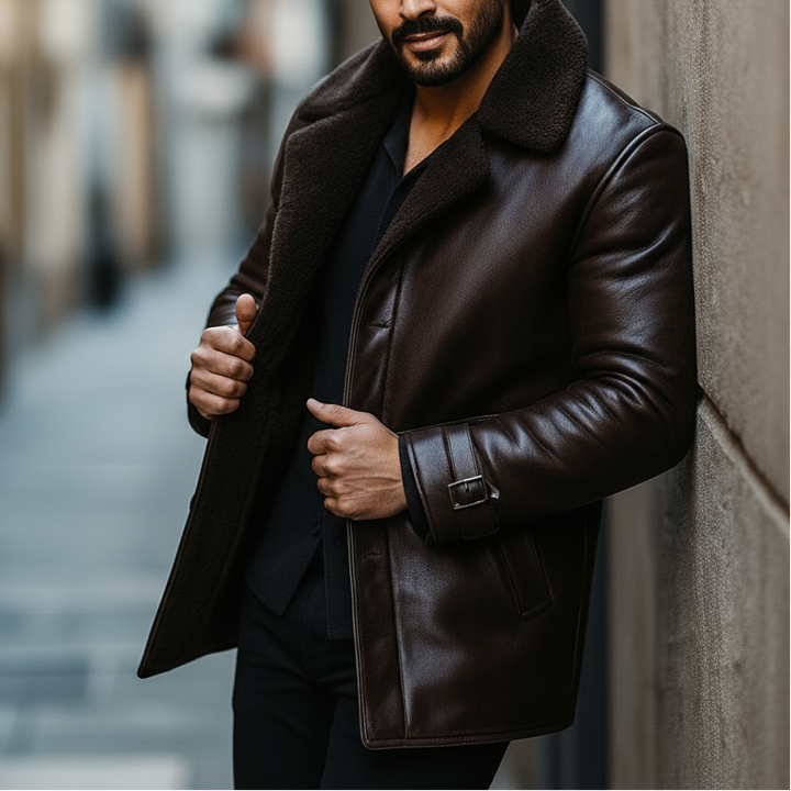 Man wearing a brown leather coat standing in an urban alleyway.