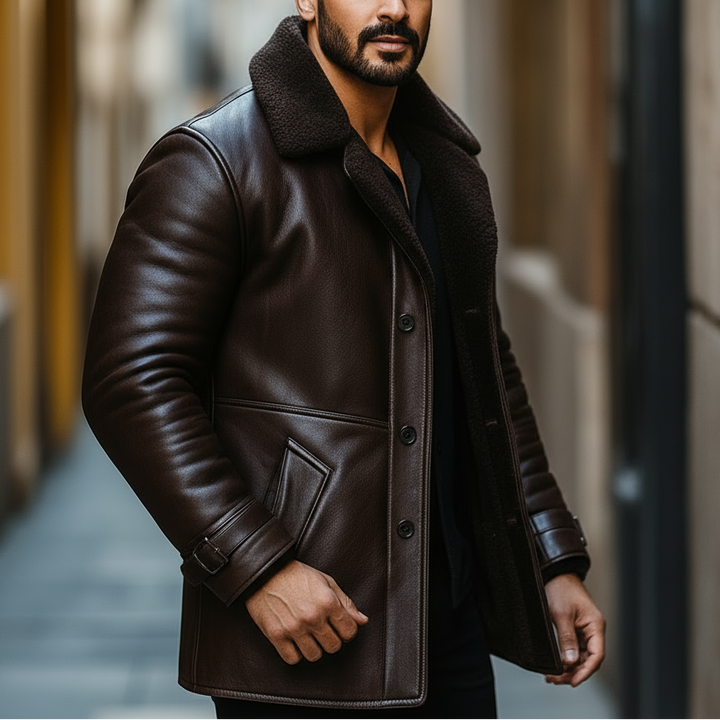 Man wearing a brown leather coat standing in an urban setting