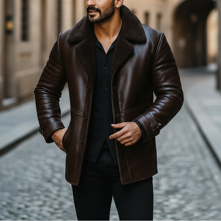 Man wearing a brown leather coat walking down a cobblestone street.